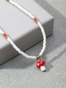 Mushroom Charm Beaded Necklace Red - Ufreakb