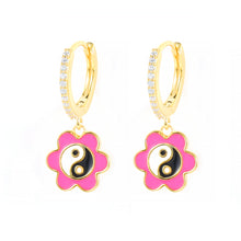 Load image into Gallery viewer, Buy Yin Yang Daisy Earrings | USA | Free Shipping | ShopUfreakb.com | Fast and Free Shipping | These gold plated Yin Yang Daisy Earrings features high-quality materials flower enamel charm with a Yin Yang charms. These cute earrings are super comfy for sensitive ears! 
