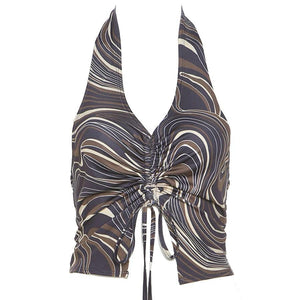 Buy Women's Best Drawstring 70’s Halter Top | Retro Fashion | SHopUfreakb.com |  Fast and Free Shipping | This cute halter top features a sleeveless fit, open back, plunge halter neckline and cut out drawstring detail. 