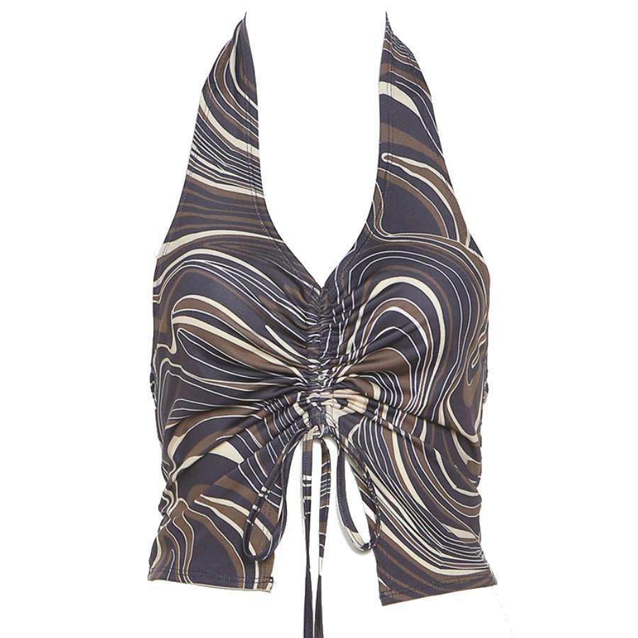 Buy Women's Best Drawstring 70’s Halter Top | Retro Fashion | SHopUfreakb.com |  Fast and Free Shipping | This cute halter top features a sleeveless fit, open back, plunge halter neckline and cut out drawstring detail. 