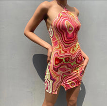 Load image into Gallery viewer, Buy Women&#39;s Waves Retro Halter Dress | Retro Fashion | ShopUfreakb.com | Fast and Free Shipping | Style up yourself with this cute Waves Retro Halter Dress. This dress features a bodycon mini fit, open back, halter tie neckline and a cutout detail in the front hem. 
