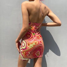 Load image into Gallery viewer, Buy Women&#39;s Waves Retro Halter Dress | Retro Fashion | ShopUfreakb.com | Fast and Free Shipping | Style up yourself with this cute Waves Retro Halter Dress. This dress features a bodycon mini fit, open back, halter tie neckline and a cutout detail in the front hem. 
