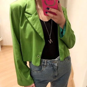 Buy Online Women's Cropped Linen Blazer in Green Color | USA | ShopUfreakb.com This designable and fashionable Cropped Linen Blazer Cream gives you an elegant and simple vibe. Composed of a lightweight, linen-blend fabric that shapes a collared neckline with notched lapels and long sleeves.