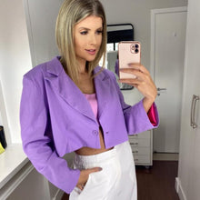 Load image into Gallery viewer, Buy Online Women&#39;s Cropped Linen Blazer in Purple Color | USA | ShopUfreakb.com This designable and fashionable Cropped Linen Blazer Cream gives you an elegant and simple vibe. Composed of a lightweight, linen-blend fabric that shapes a collared neckline with notched lapels and long sleeves.
